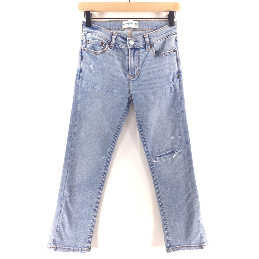 Abercrombie Kids Unisex Straight Leg Jeans Size 9/10 Light Blue Distressed Denim